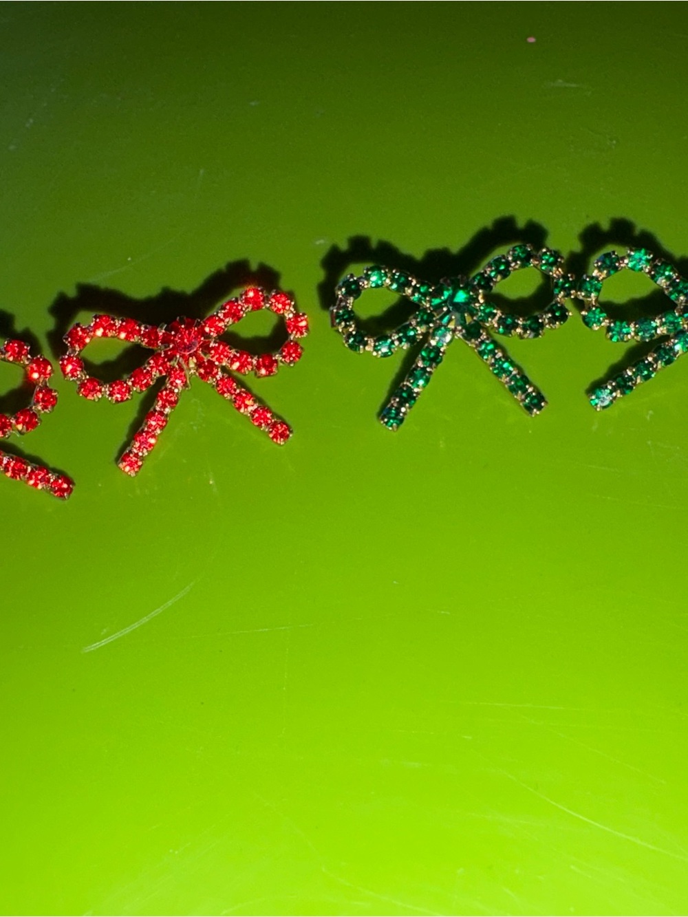 Crystal Bow Earrings in Red and Green